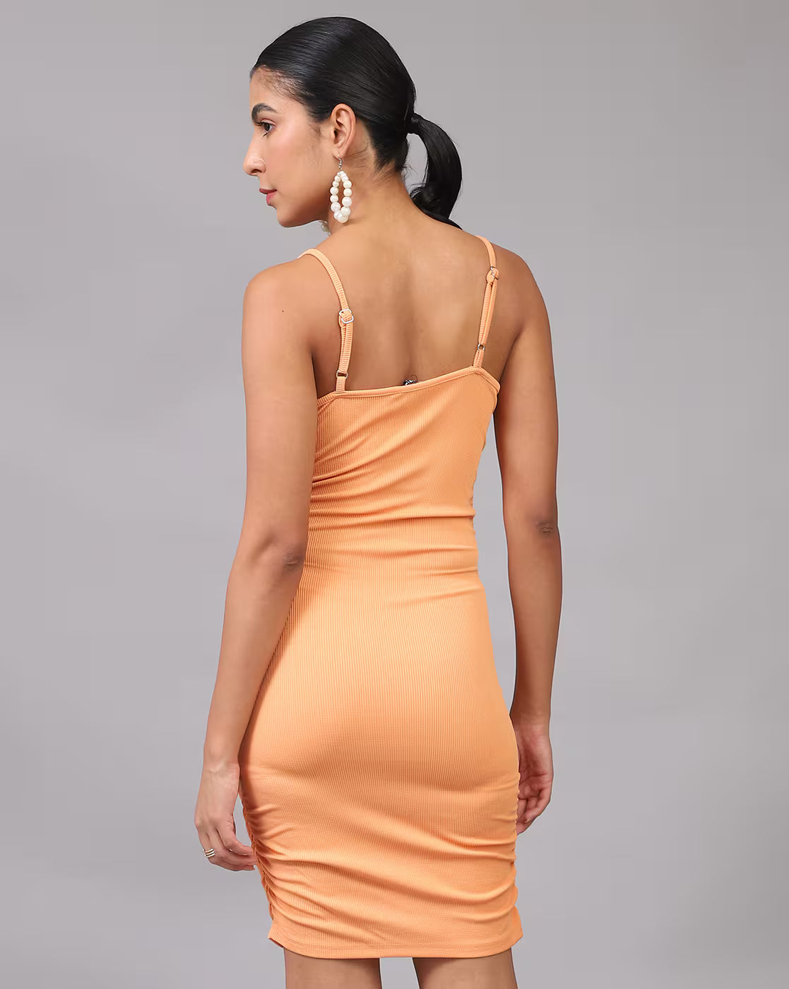 Spaghetti Strap Ribbed Side Ruched Bodycon Dress