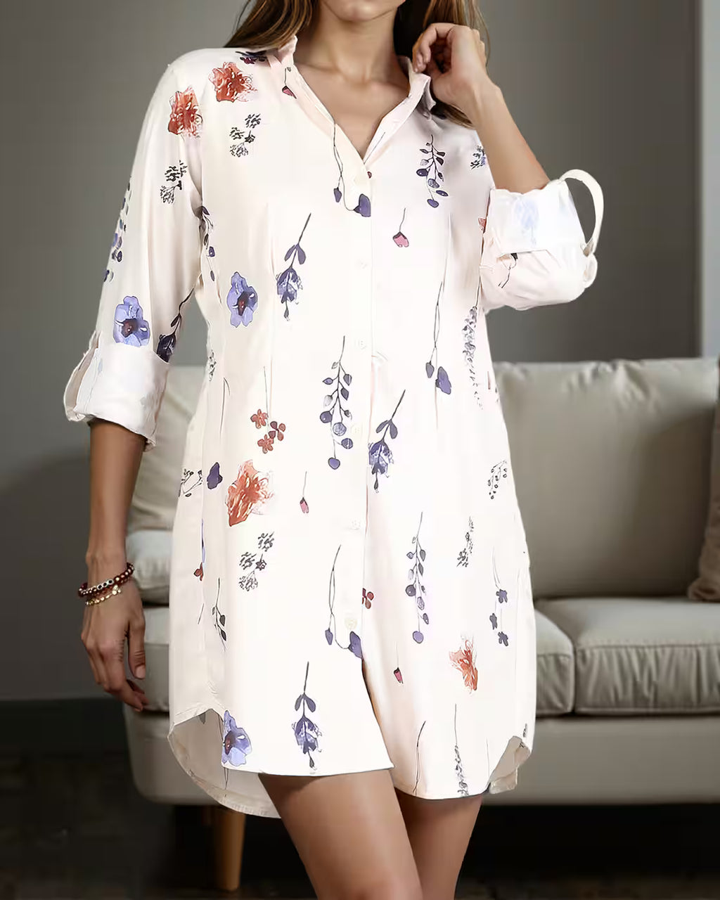 Spread Collar Roll-Up Sleeves Floral Print Shirt Dress