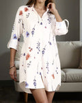 Spread Collar Roll-Up Sleeves Floral Print Shirt Dress