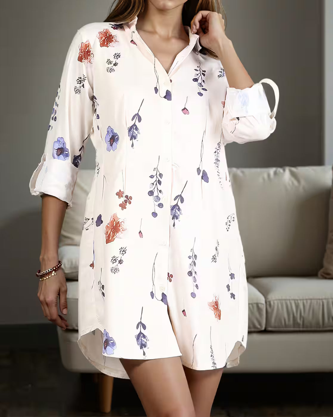 Spread Collar Roll-Up Sleeves Floral Print Shirt Dress