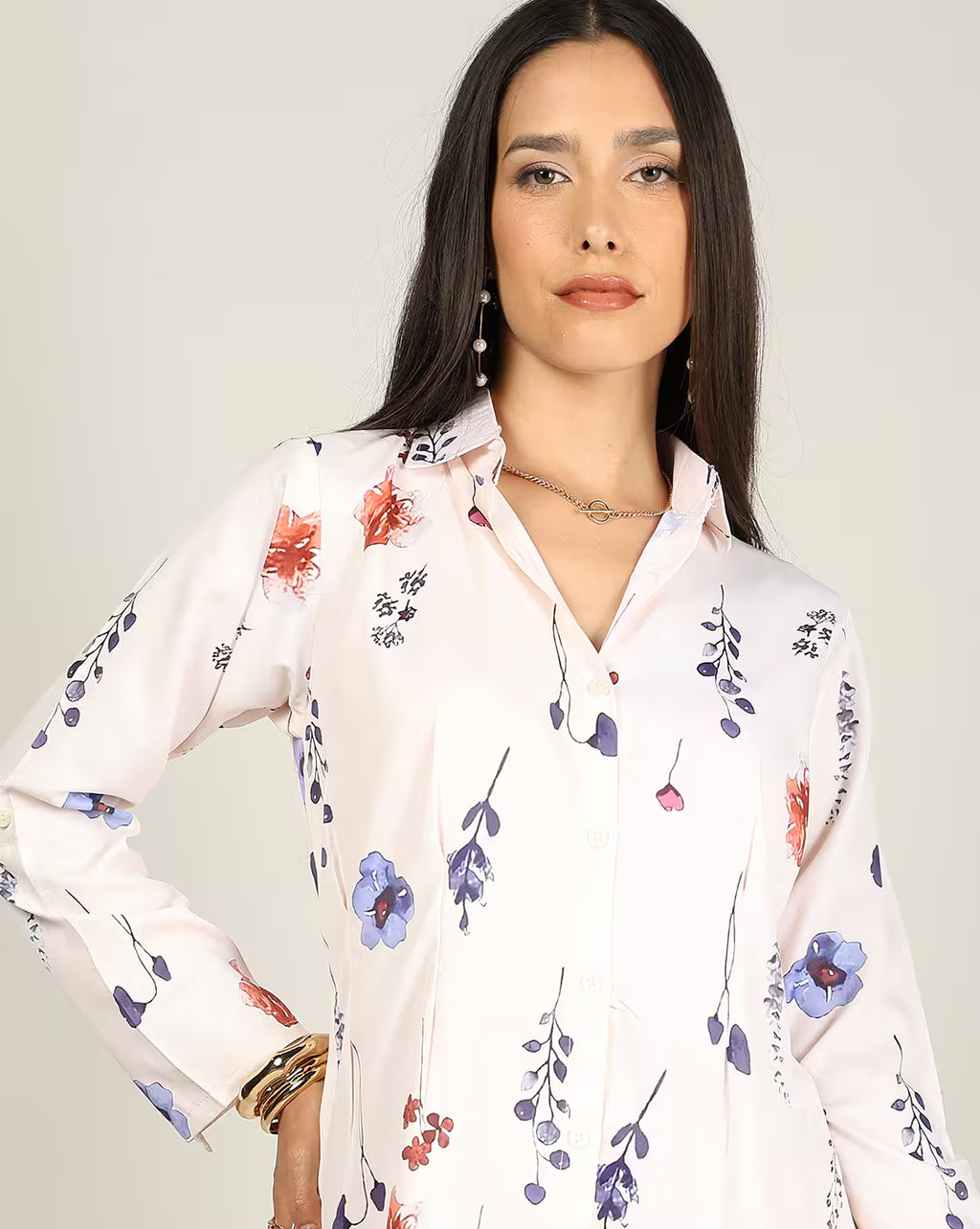Spread Collar Roll-Up Sleeves Floral Print Shirt Dress