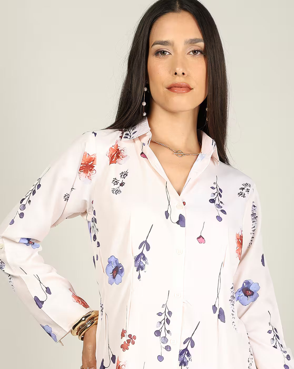 Spread Collar Roll-Up Sleeves Floral Print Shirt Dress