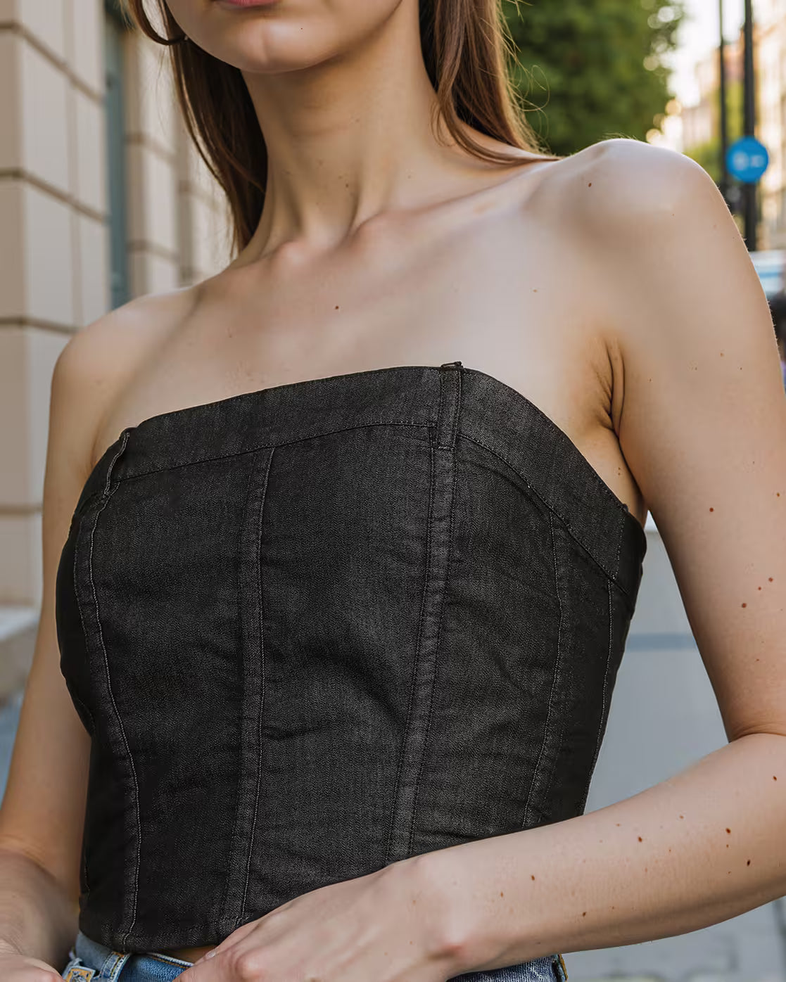 Street Strapless Fitted Crop Corset Top With Zip Closure