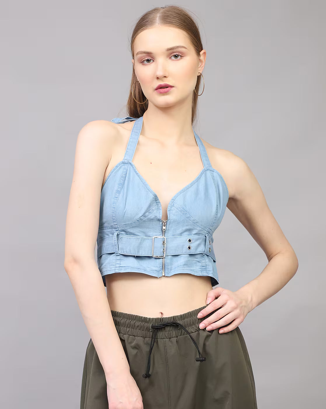 Halter Tie-Up Neck Buckle Belt Closure Fitted Crop Top
