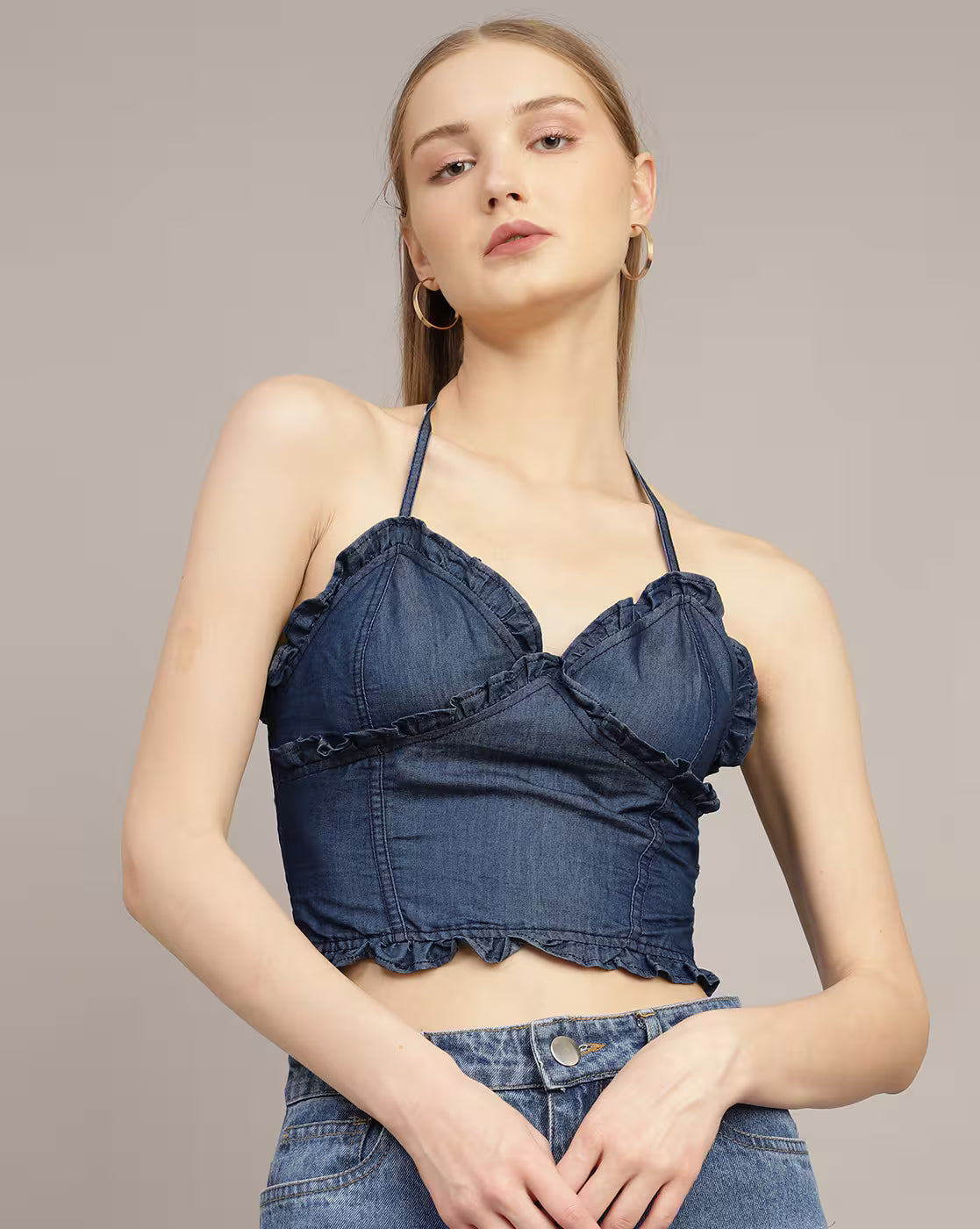 Halter Tie-Up Neck Ruffled Smocked Fitted Crop Top