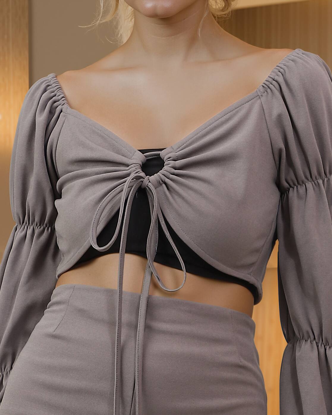 Tie-Up Neck Ring Detail Crop Top with Skirt