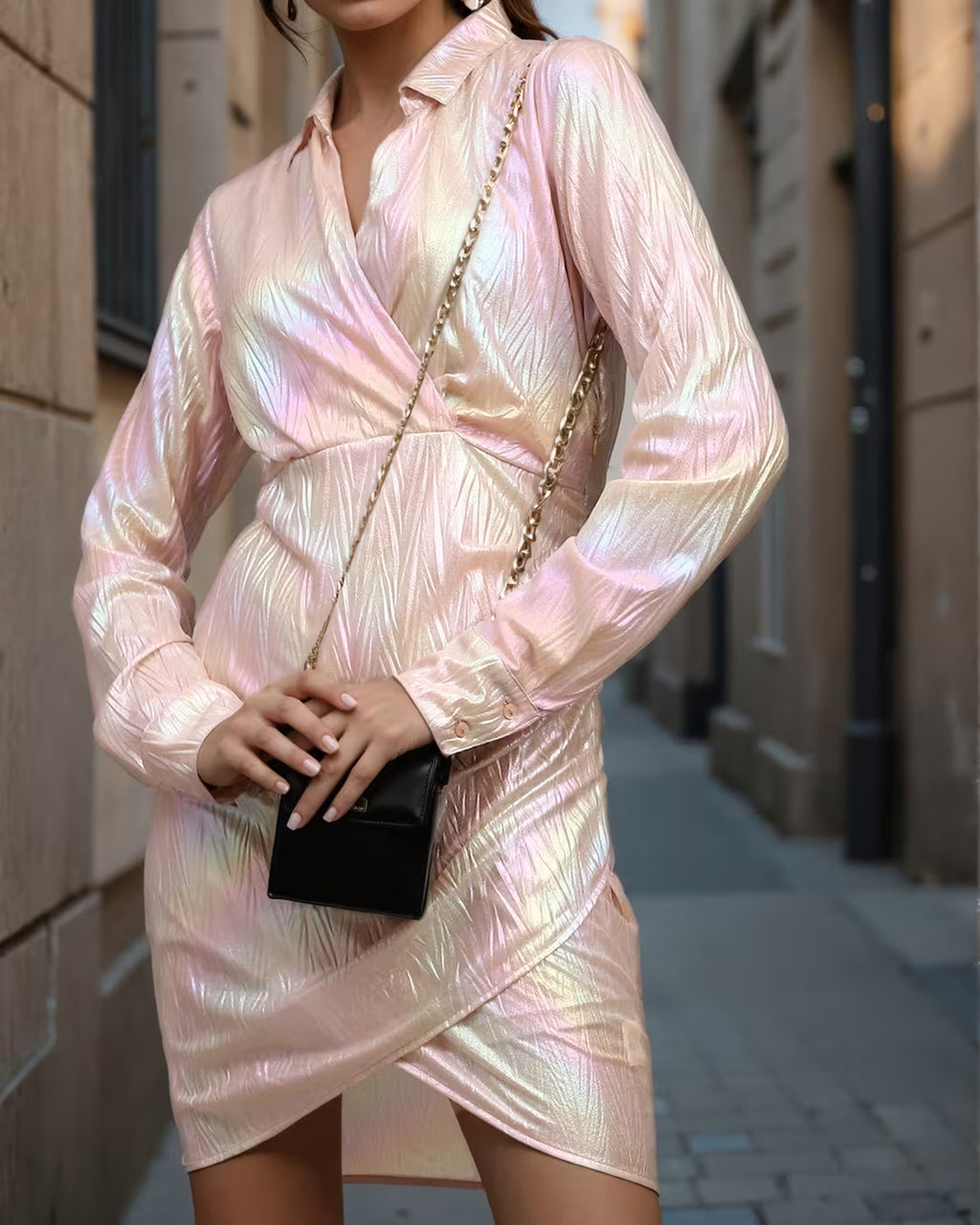 Dressbees Party Cuffed Sleeve Textured Ruched Shimmer Wrap Dress