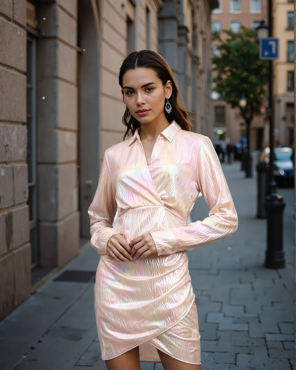 Dressbees Party Cuffed Sleeve Textured Ruched Shimmer Wrap Dress