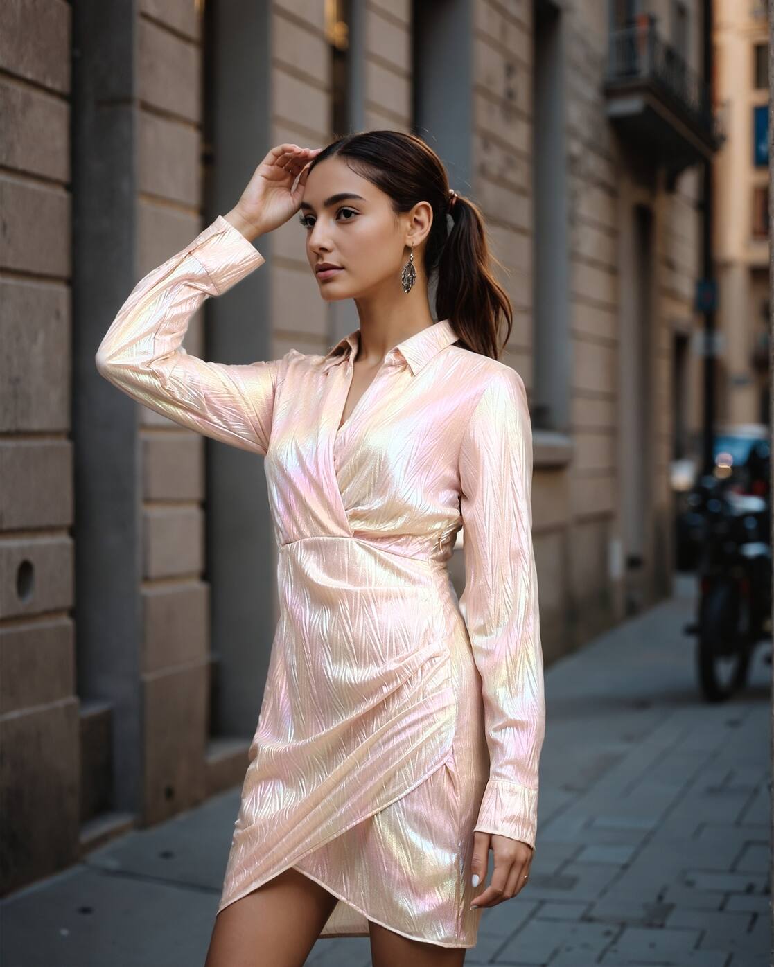 Dressbees Party Cuffed Sleeve Textured Ruched Shimmer Wrap Dress