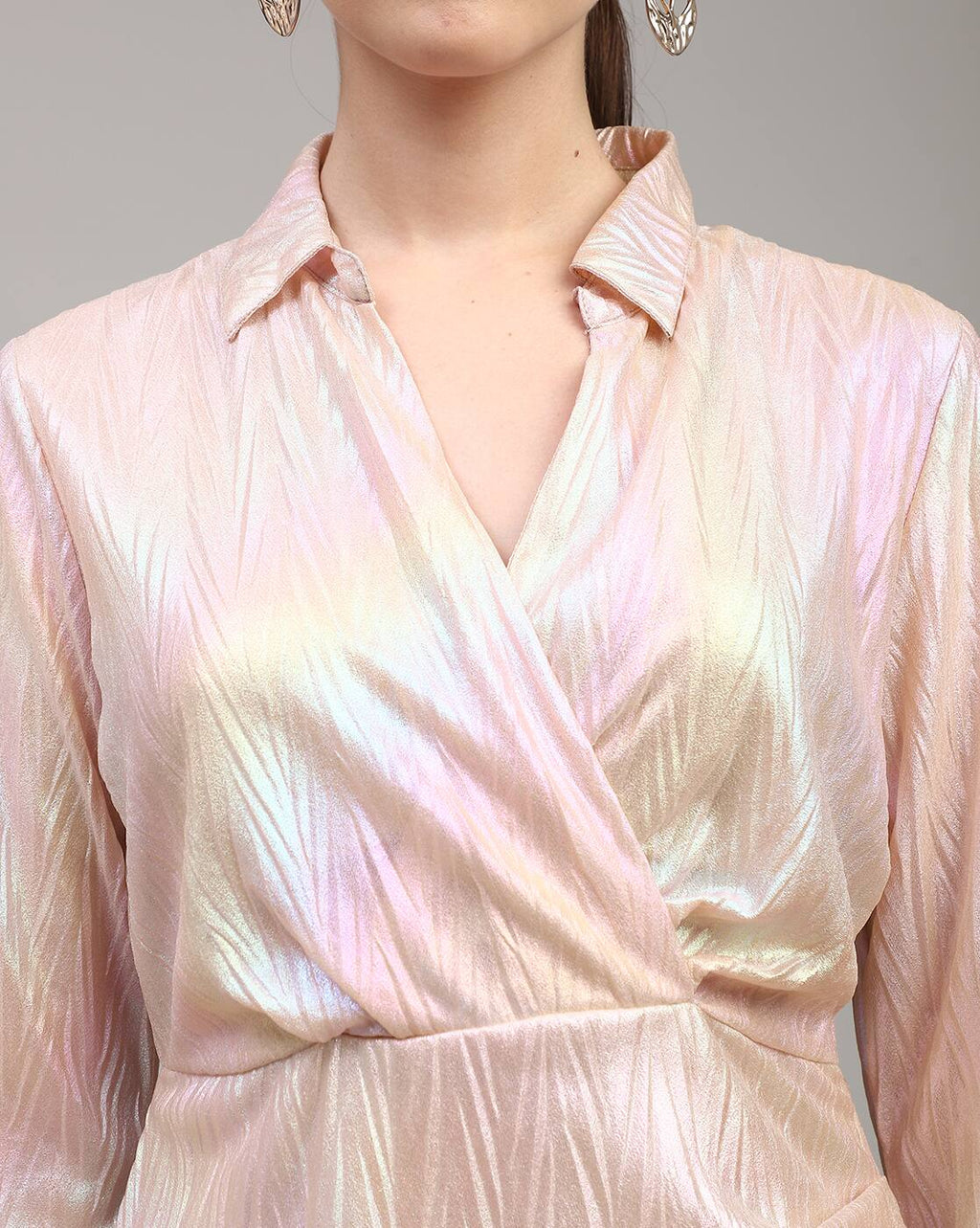 Dressbees Party Cuffed Sleeve Textured Ruched Shimmer Wrap Dress