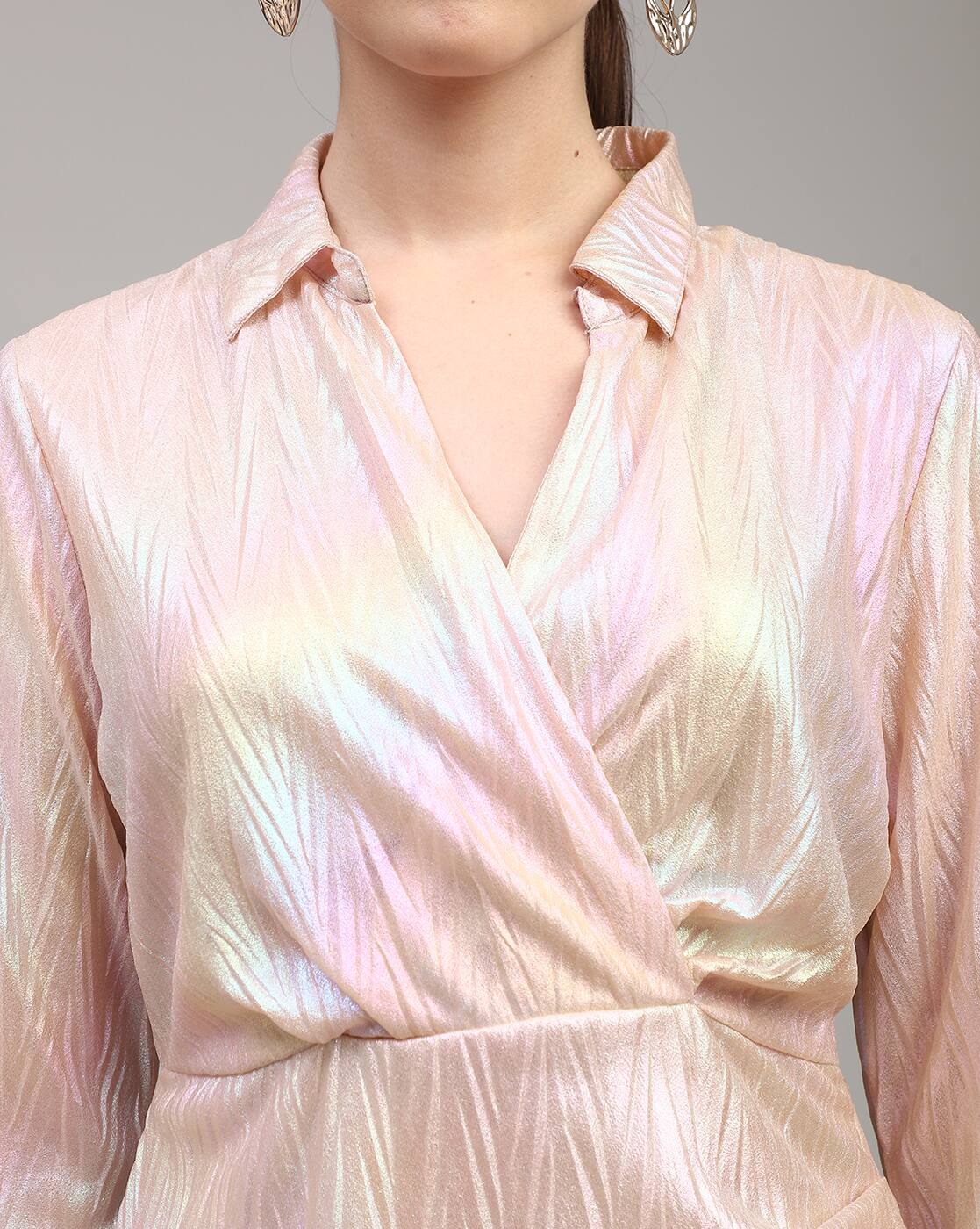 Dressbees Party Cuffed Sleeve Textured Ruched Shimmer Wrap Dress