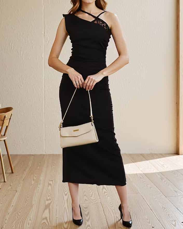 Party Asymmetrical Neck Slit Hem Ruched Bodycon Dress