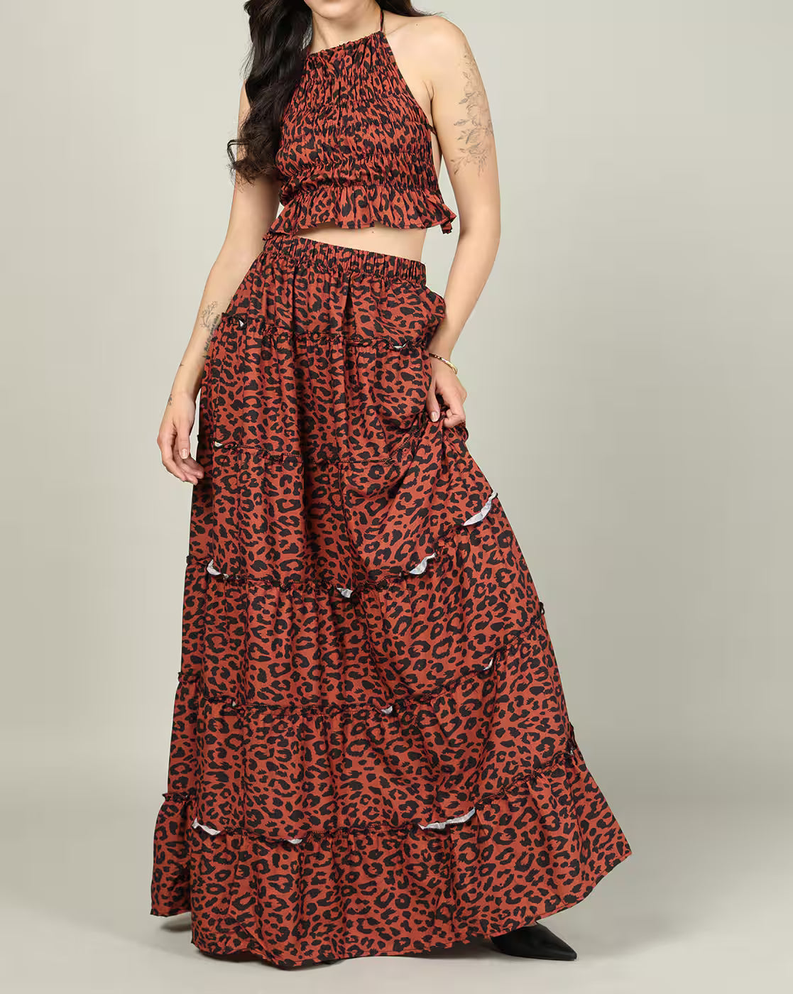 Dressbees  Halter Neck Animal Print Top With Tiered Skirt