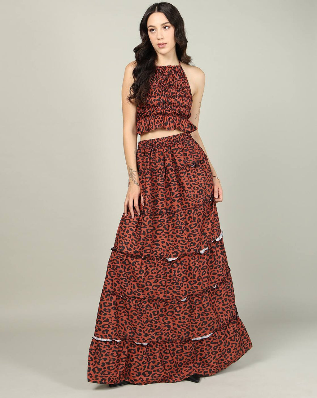 Dressbees  Halter Neck Animal Print Top With Tiered Skirt