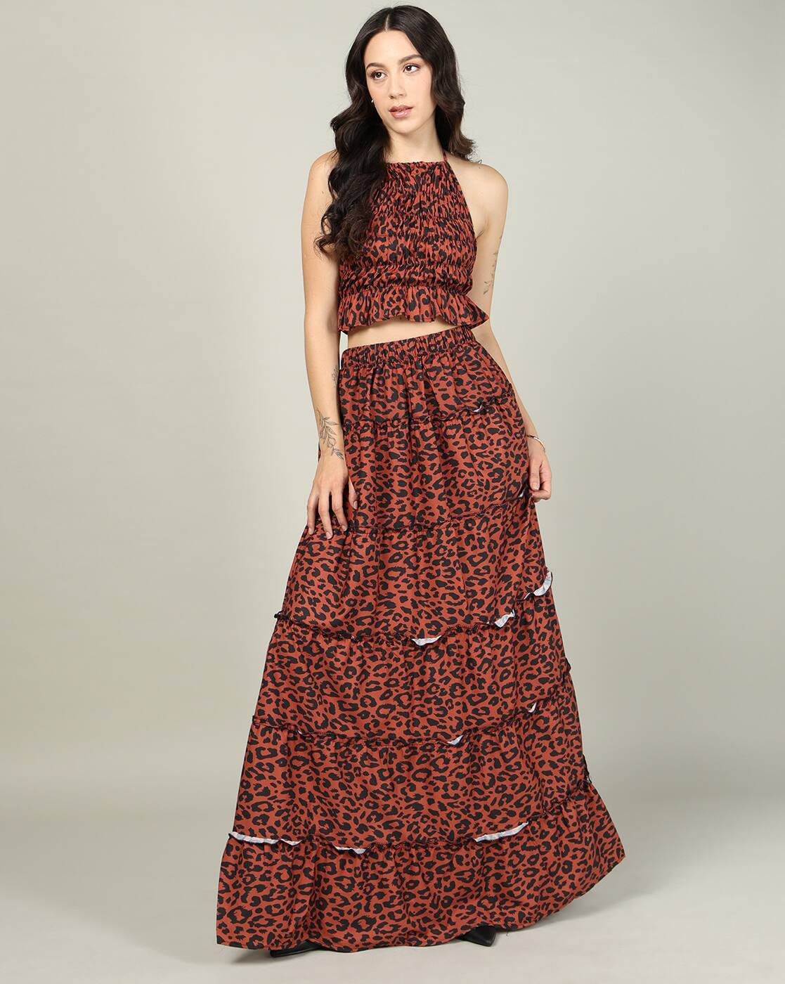 Dressbees  Halter Neck Animal Print Top With Tiered Skirt