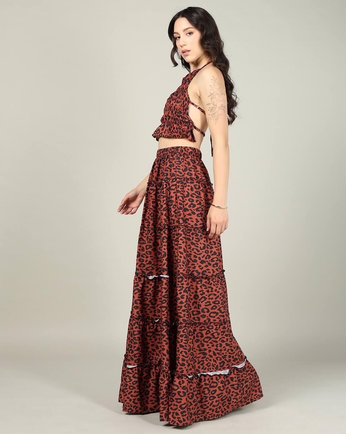 Dressbees  Halter Neck Animal Print Top With Tiered Skirt