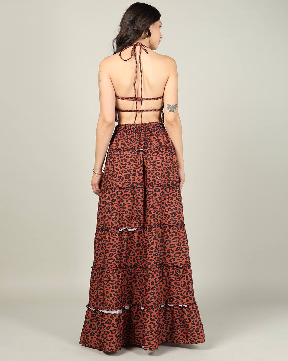 Dressbees  Halter Neck Animal Print Top With Tiered Skirt