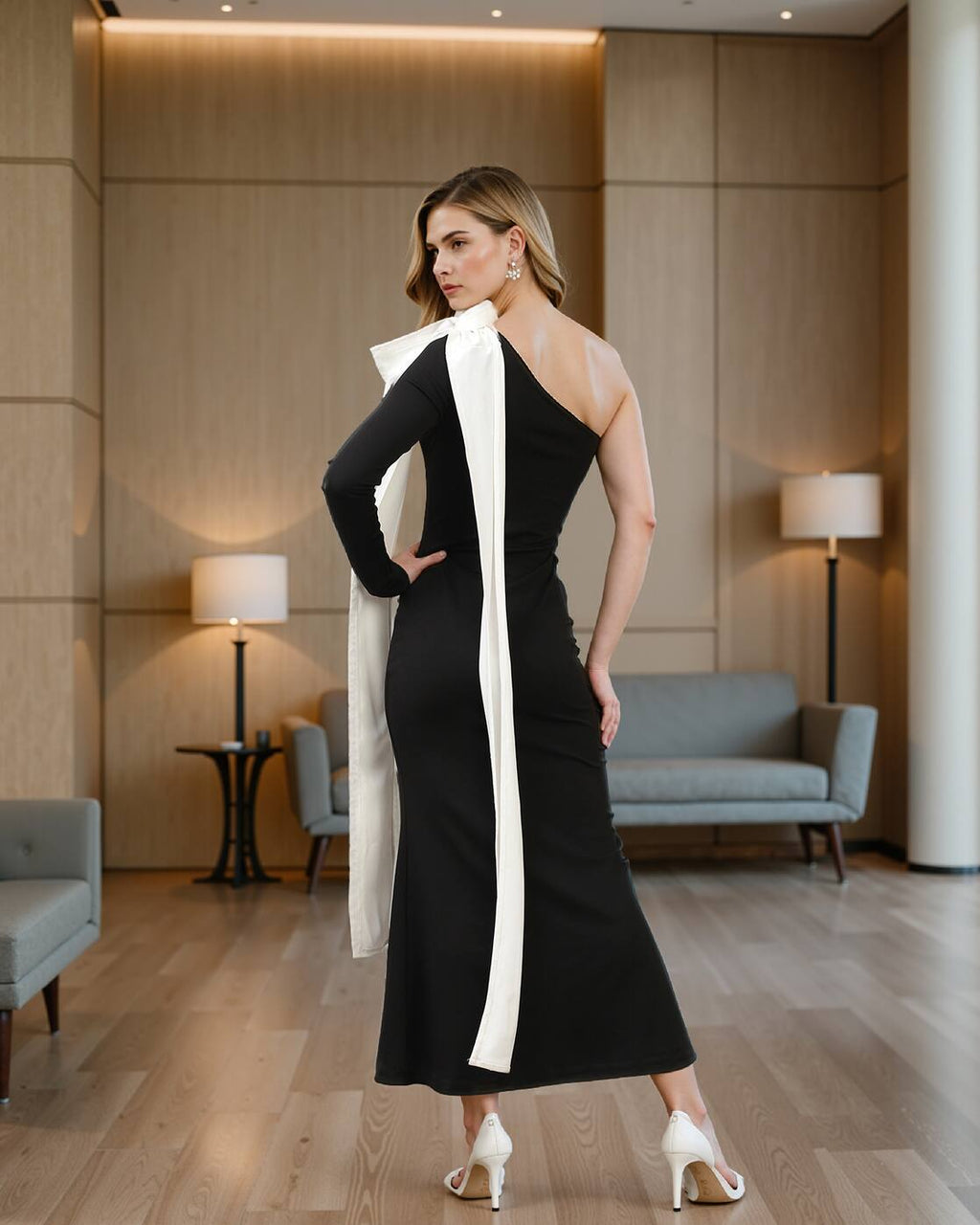 Dressbees One shoulder Bow Drape maxi mermaid Dress