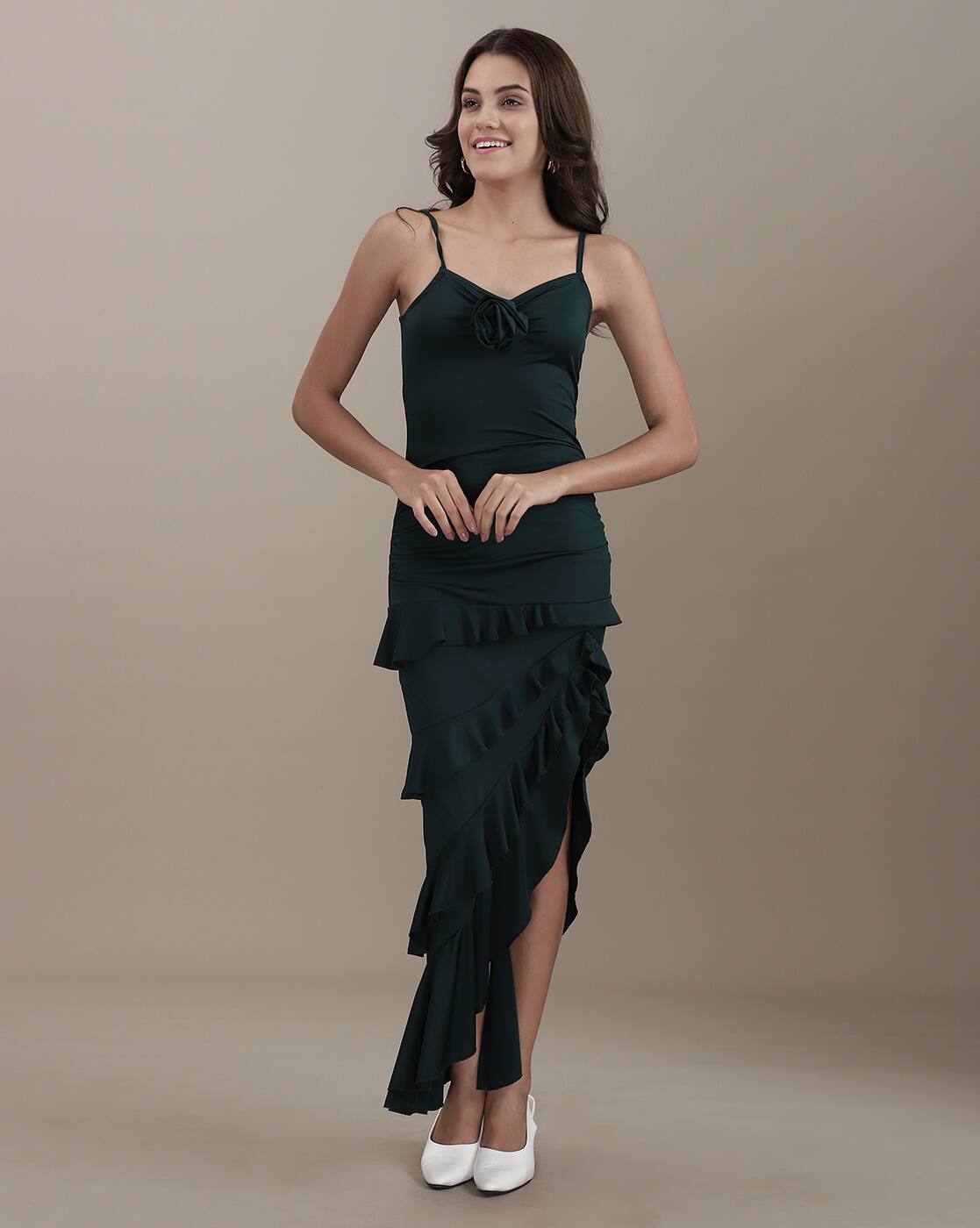 Spaghetti Strap Flower Applique Ruffled Dress