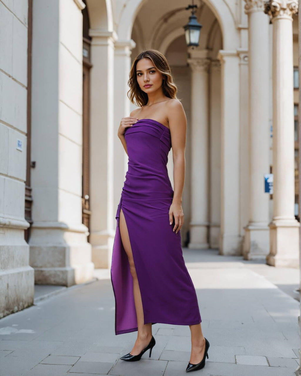 Bold Strapless Front Pleated Draped Sheath Dress | M