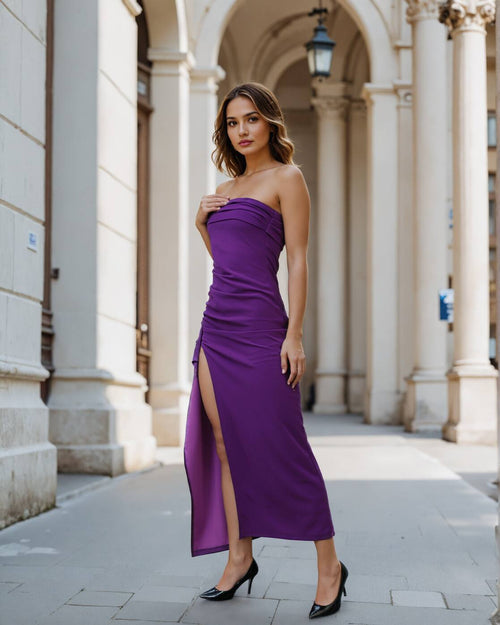 Bold Strapless Front Pleated Draped Sheath Dress | M