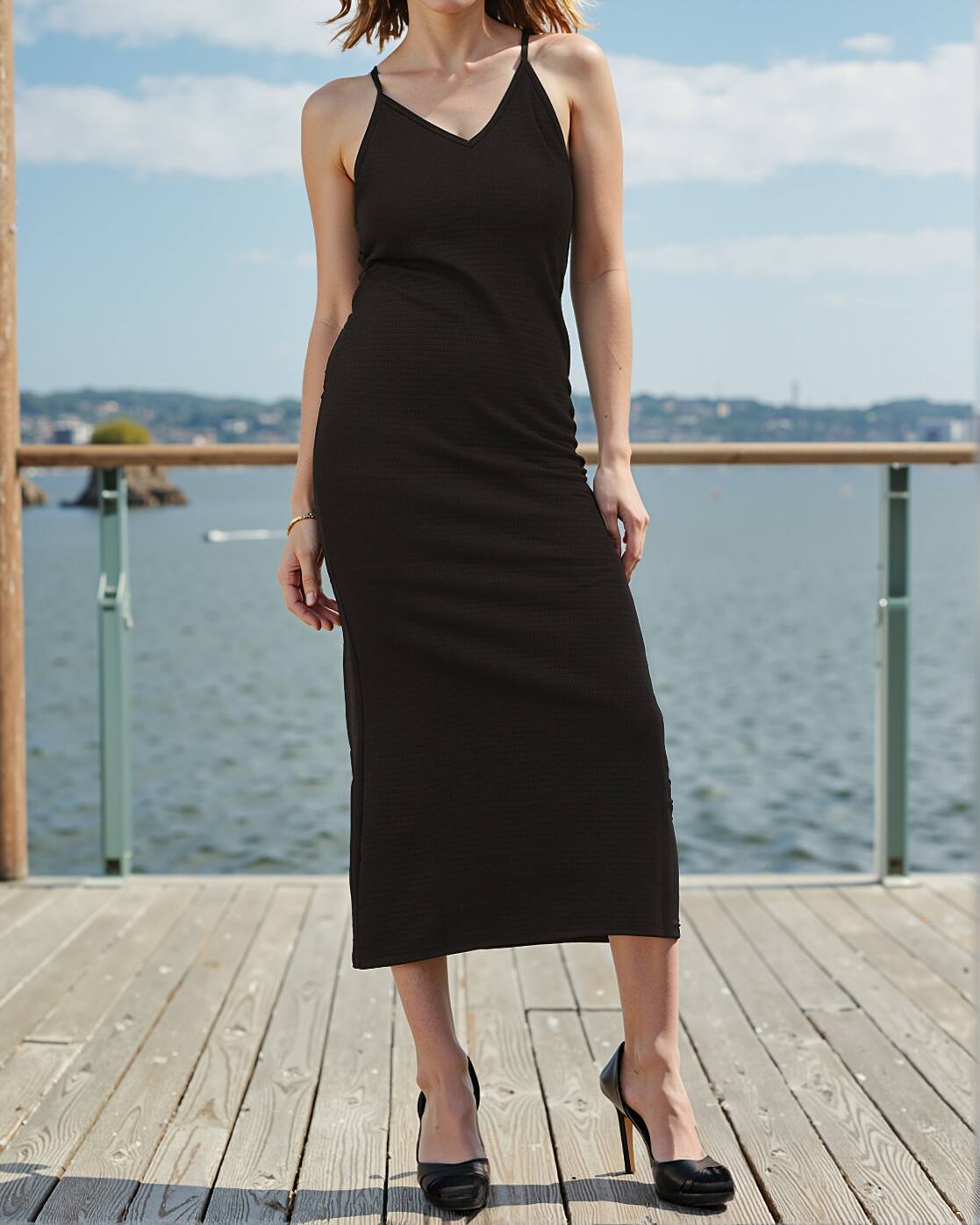 Party Spaghetti Strap Textured Sheath Midi Dress