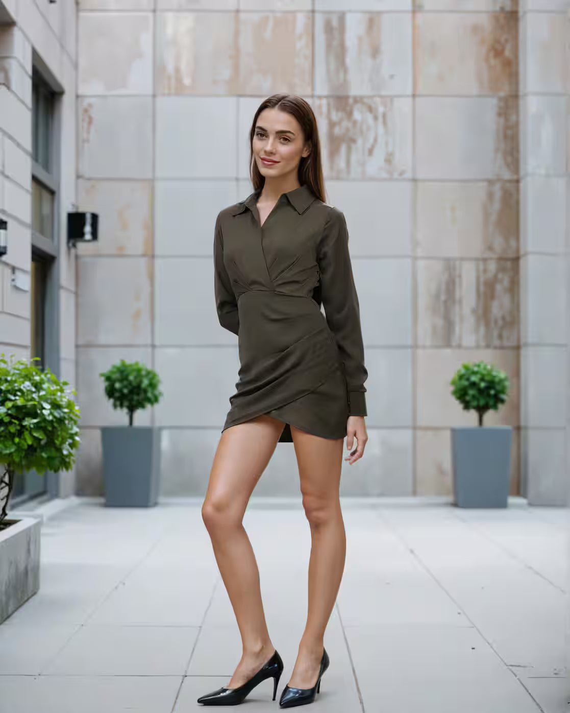 Dressbees Party High Waist Cuffed Sleeve Ruched Mini Wrap Dress