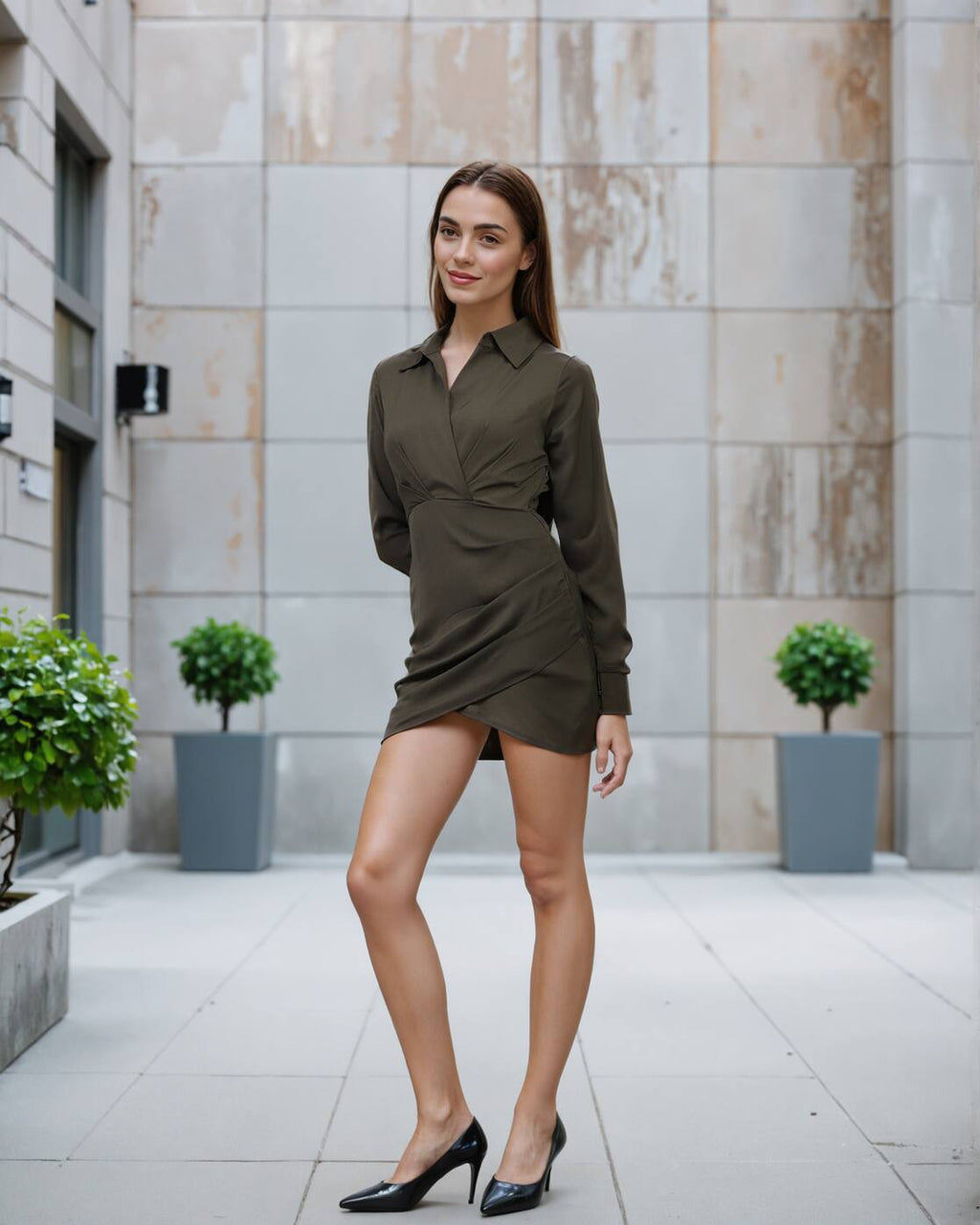 Party High Waist Cuffed Sleeve Ruched Mini Wrap Dress