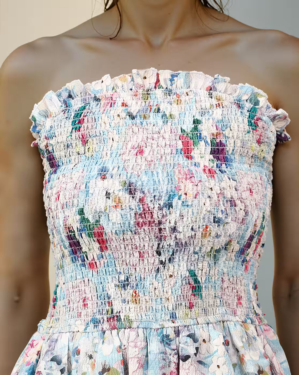 Strapless Floral Print Mini Smocked Fit & Flare Dress