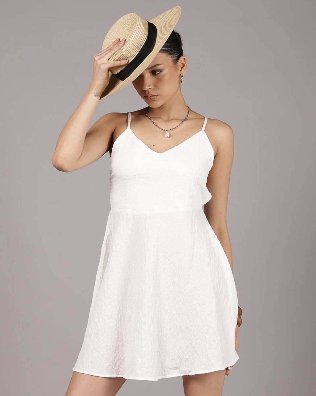 Spaghetti Strap Textured Mini Skater Dress