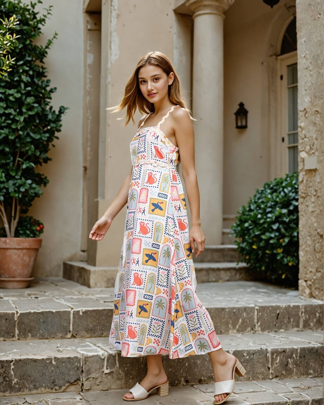 Strappy Lace Trim Graphic Print A-Line Dress