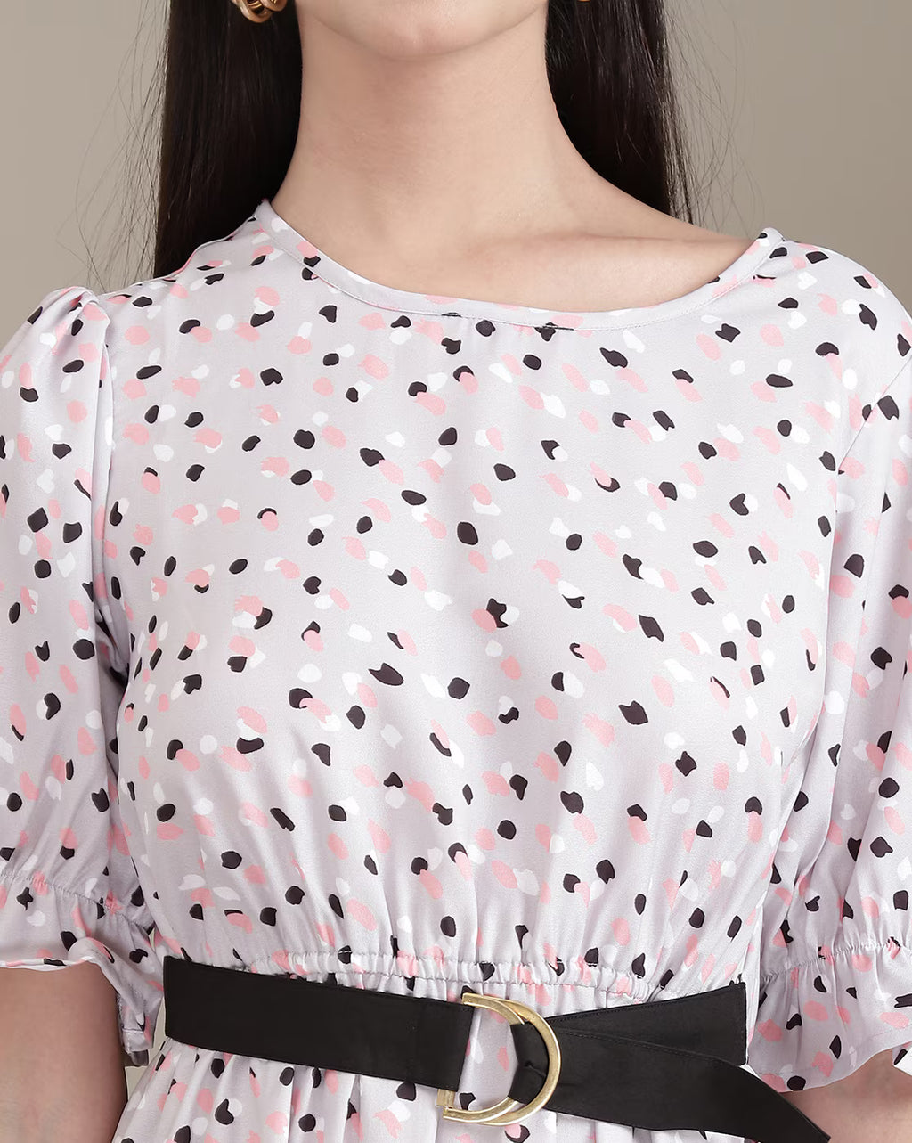 Puff Sleeve Animal Print Mock Belt Fit & Flare Dress