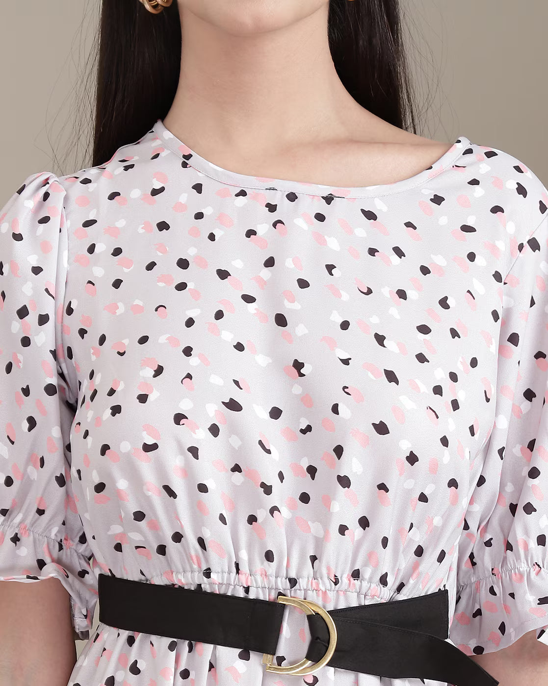 Puff Sleeve Animal Print Mock Belt Fit & Flare Dress