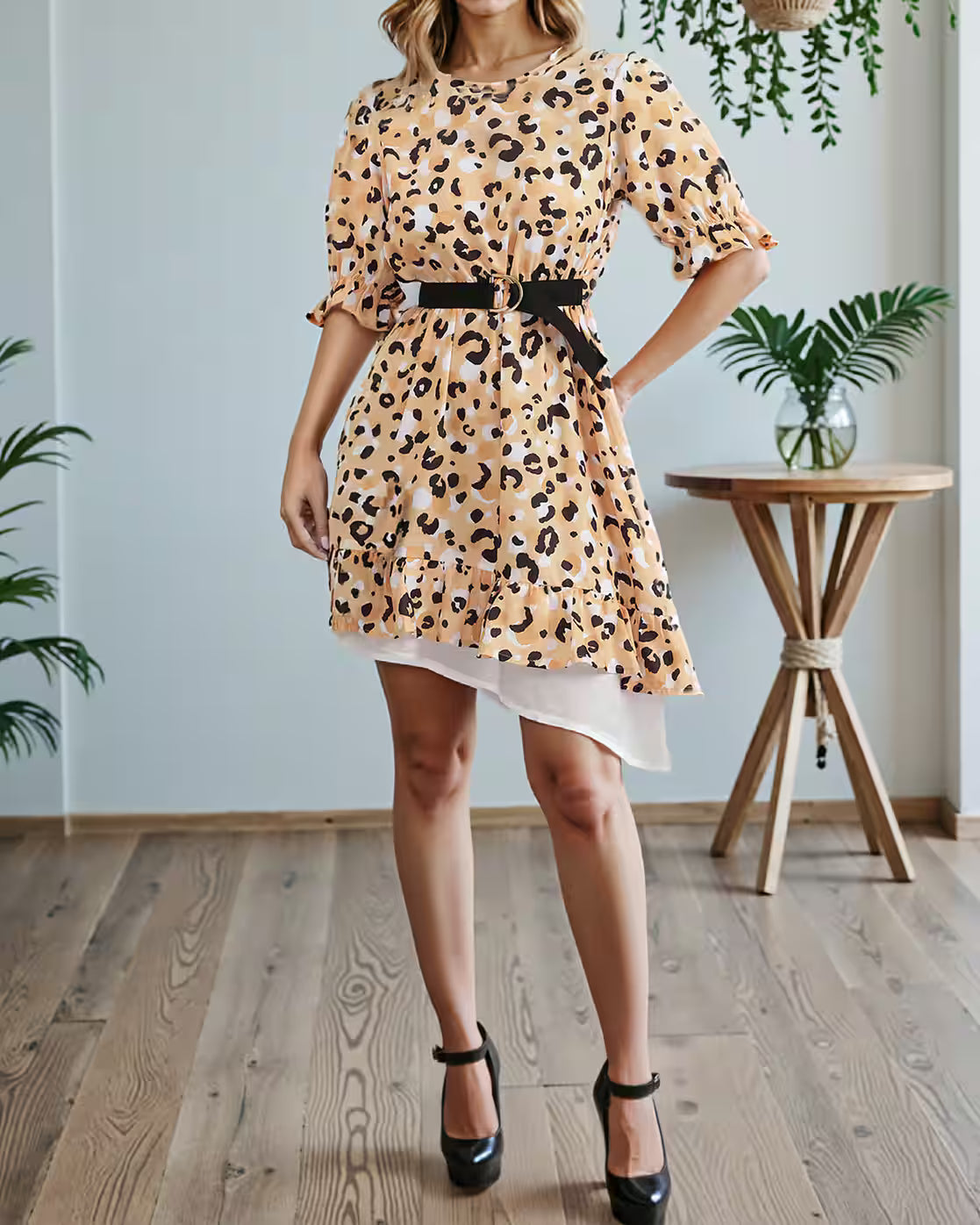 Puff Sleeve Animal Print Mock Belt Fit & Flare Dress