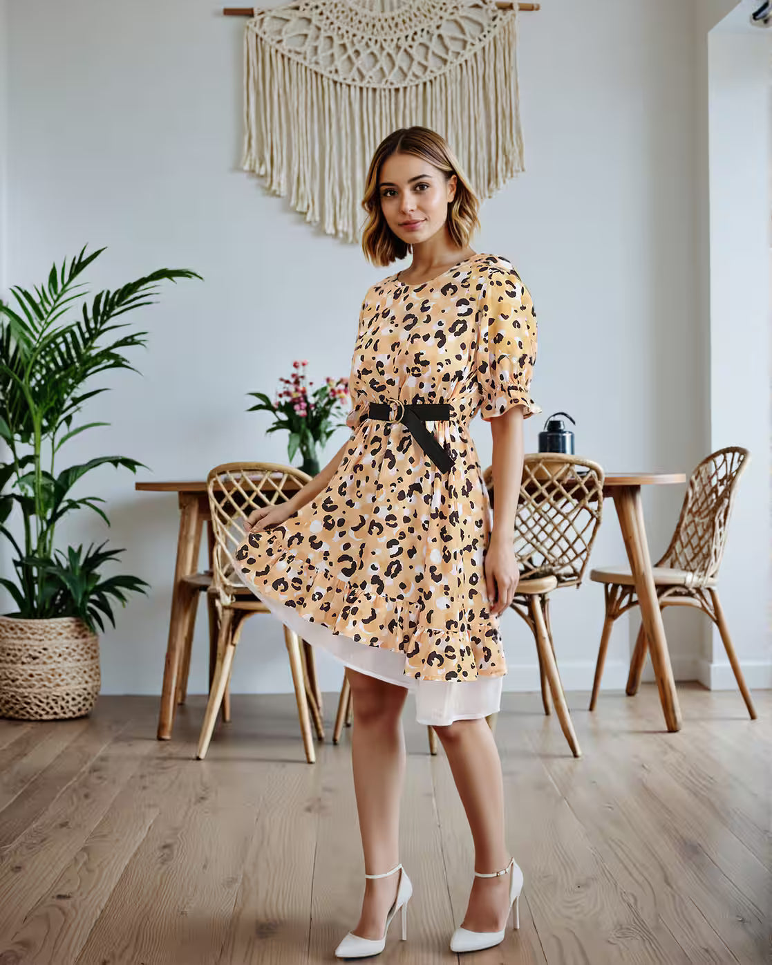 Puff Sleeve Animal Print Mock Belt Fit & Flare Dress
