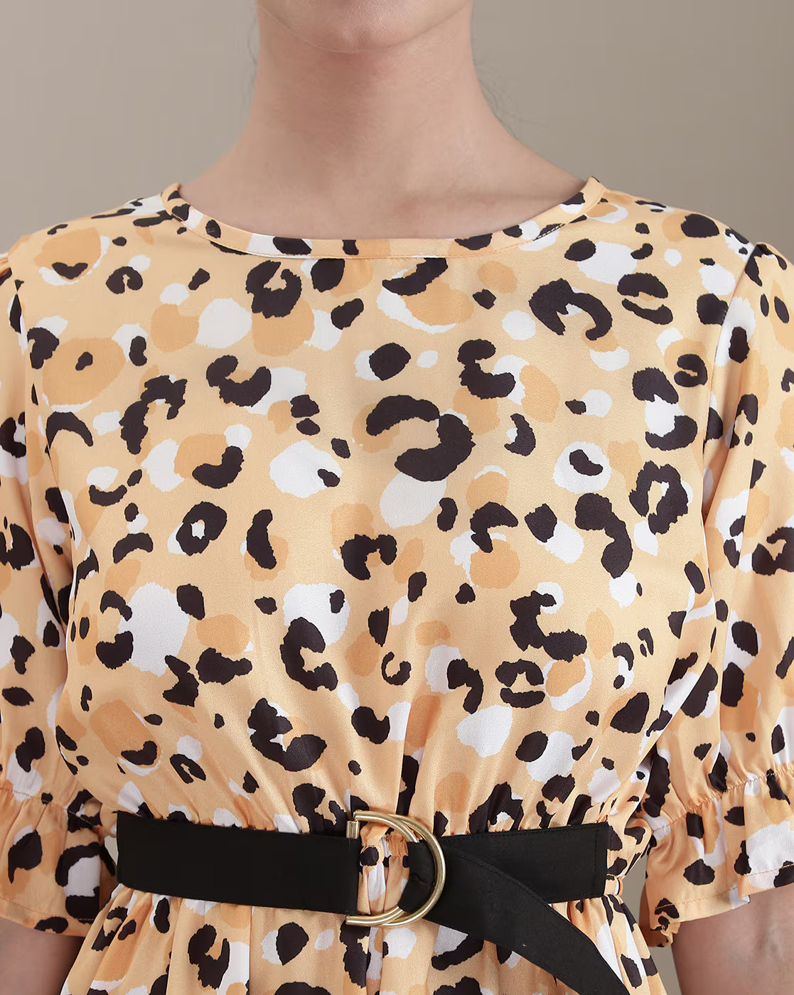 Puff Sleeve Animal Print Mock Belt Fit & Flare Dress