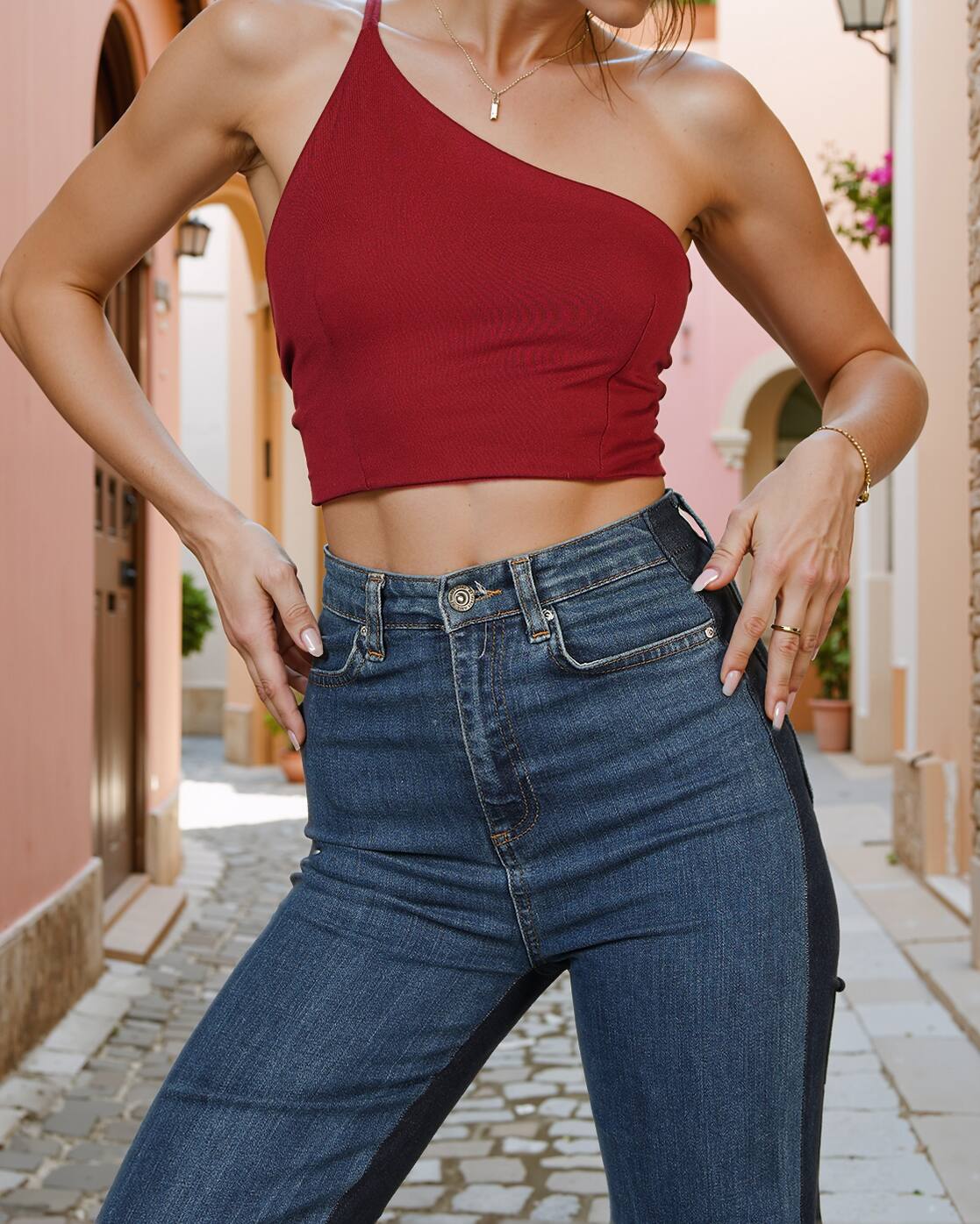 One Shoulder Strappy Sleeve Back Tie-Knot Fitted Blouson