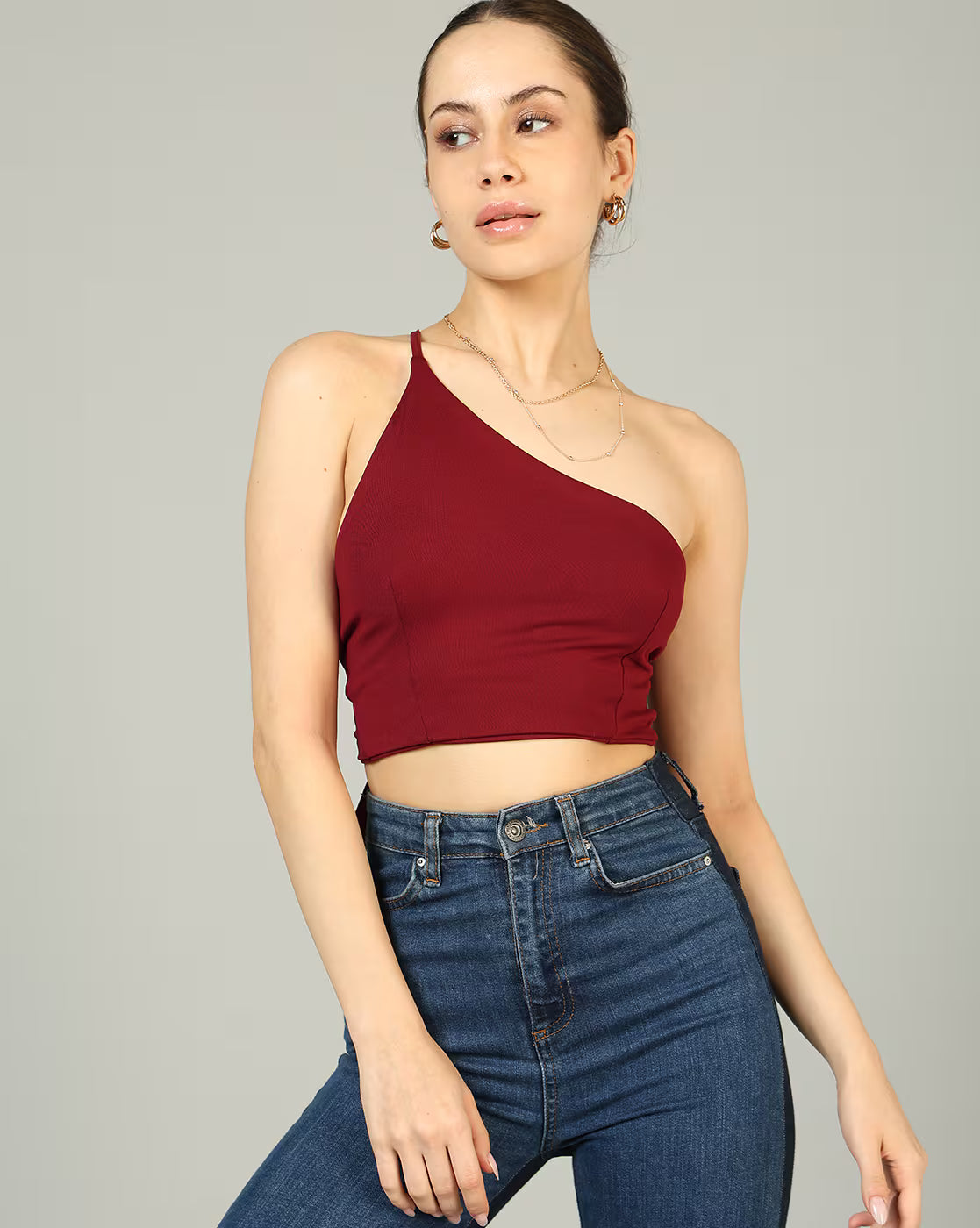 One Shoulder Strappy Sleeve Back Tie-Knot Fitted Blouson