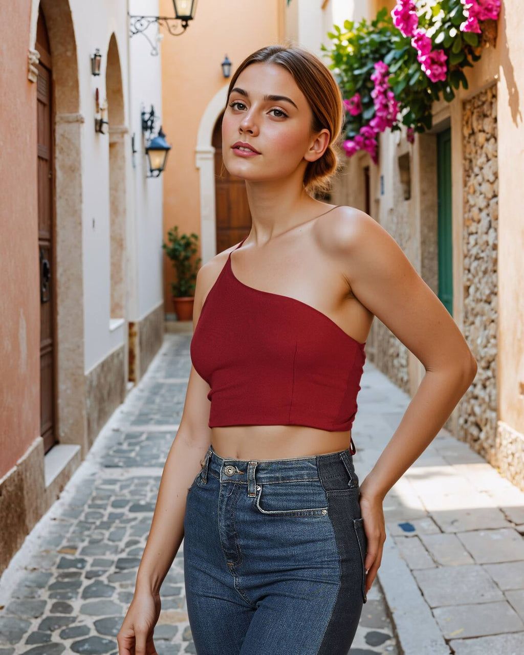 One Shoulder Strappy Sleeve Back Tie-Knot Fitted Blouson