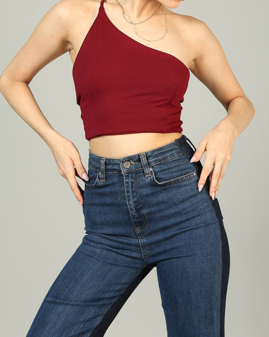 One Shoulder Strappy Sleeve Back Tie-Knot Fitted Blouson