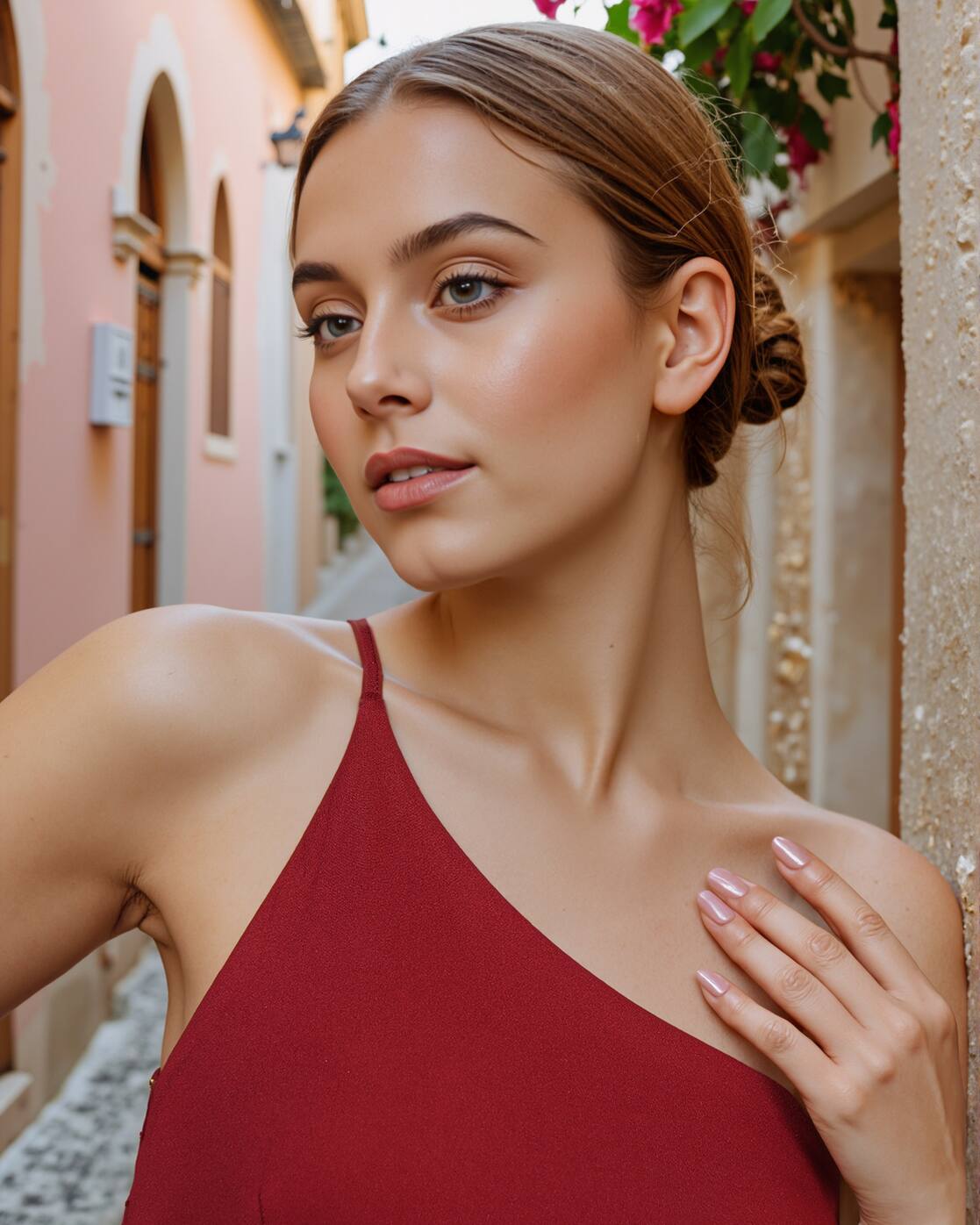 One Shoulder Strappy Sleeve Back Tie-Knot Fitted Blouson