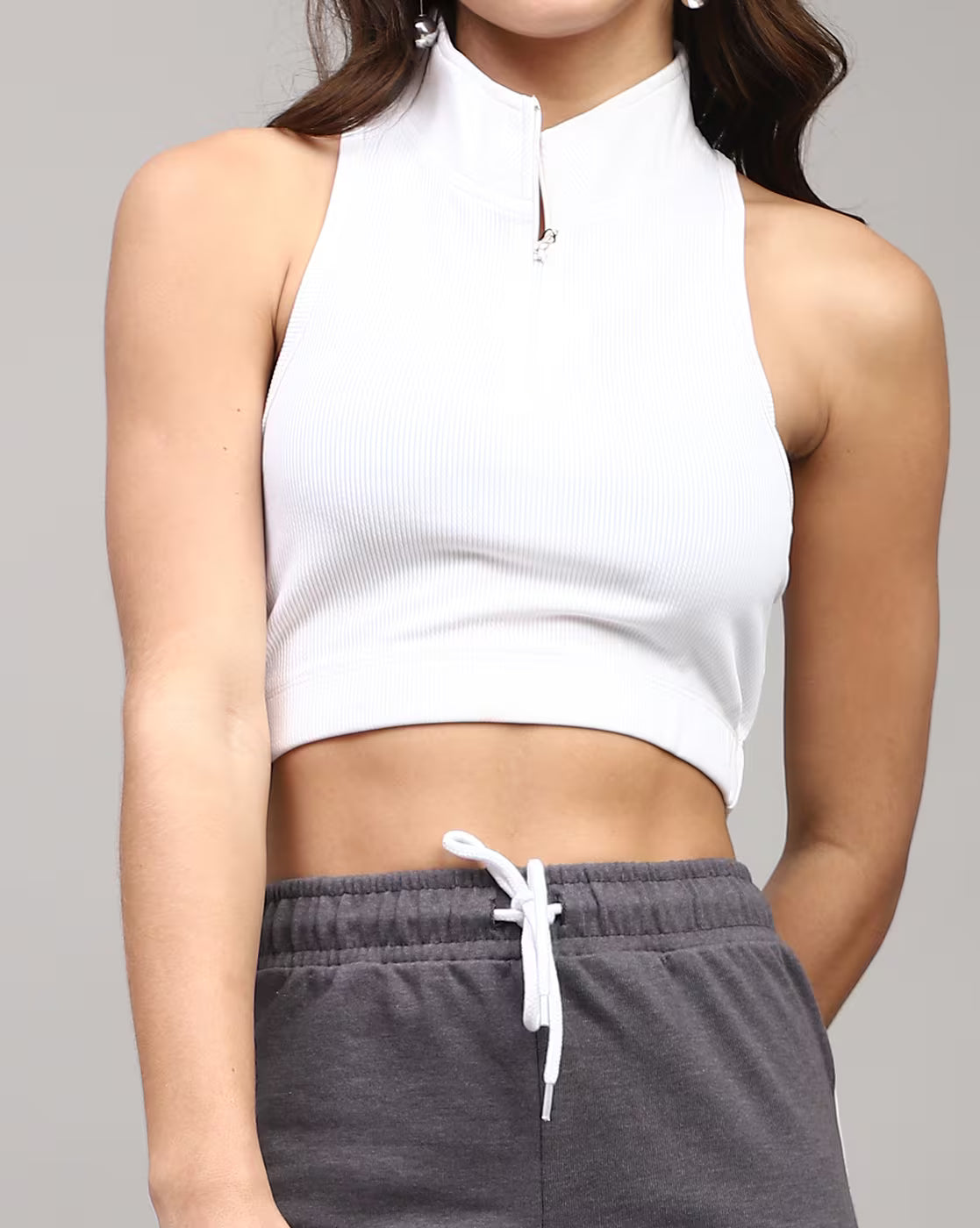 Fitted High Neck Half Zip Front Racerback Ribbed Top