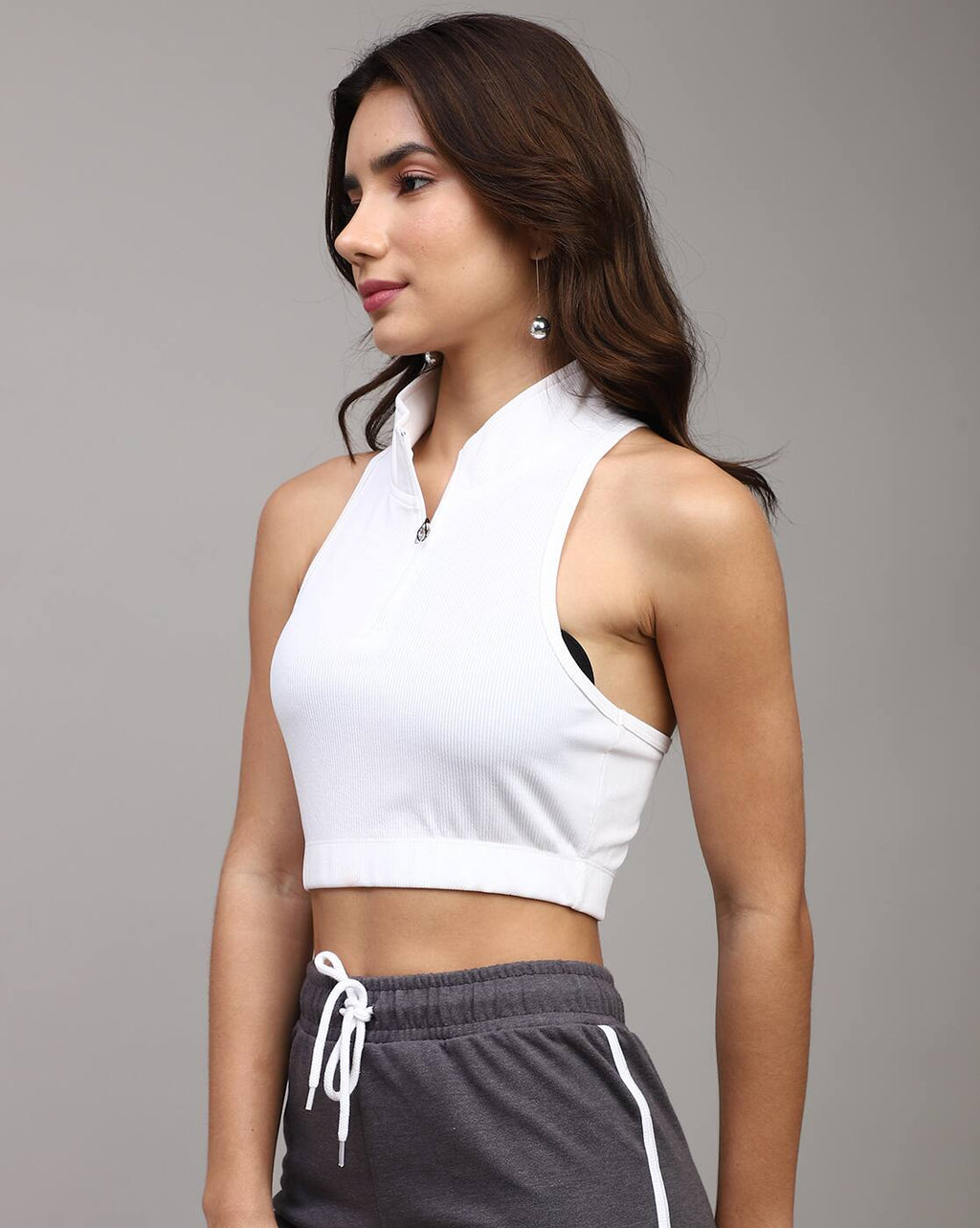 Fitted High Neck Half Zip Front Racerback Ribbed Top