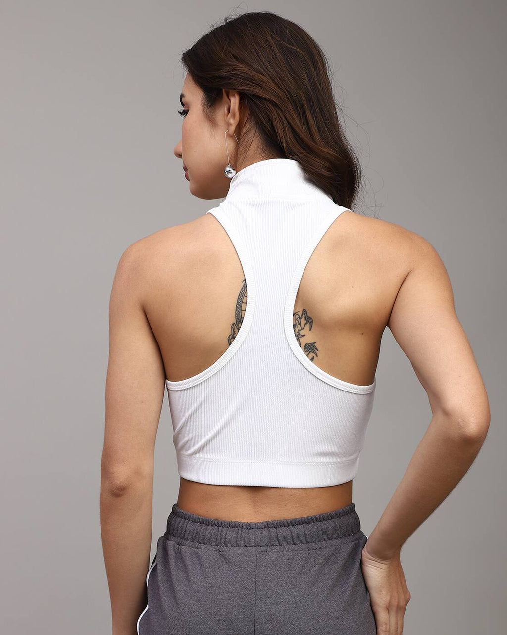 Fitted High Neck Half Zip Front Racerback Ribbed Top