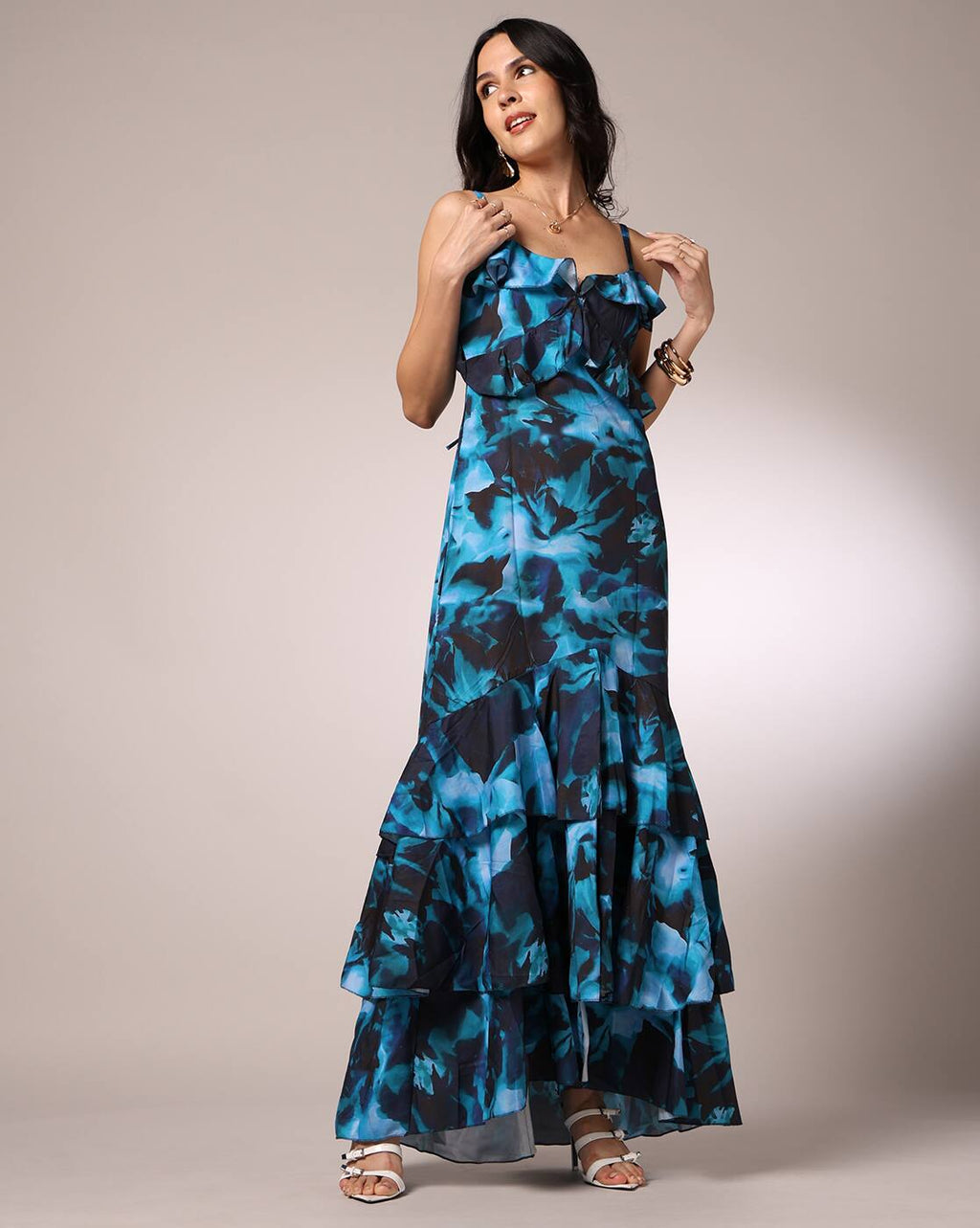 Spaghetti Strap Layered Maxi Ruffled Dress