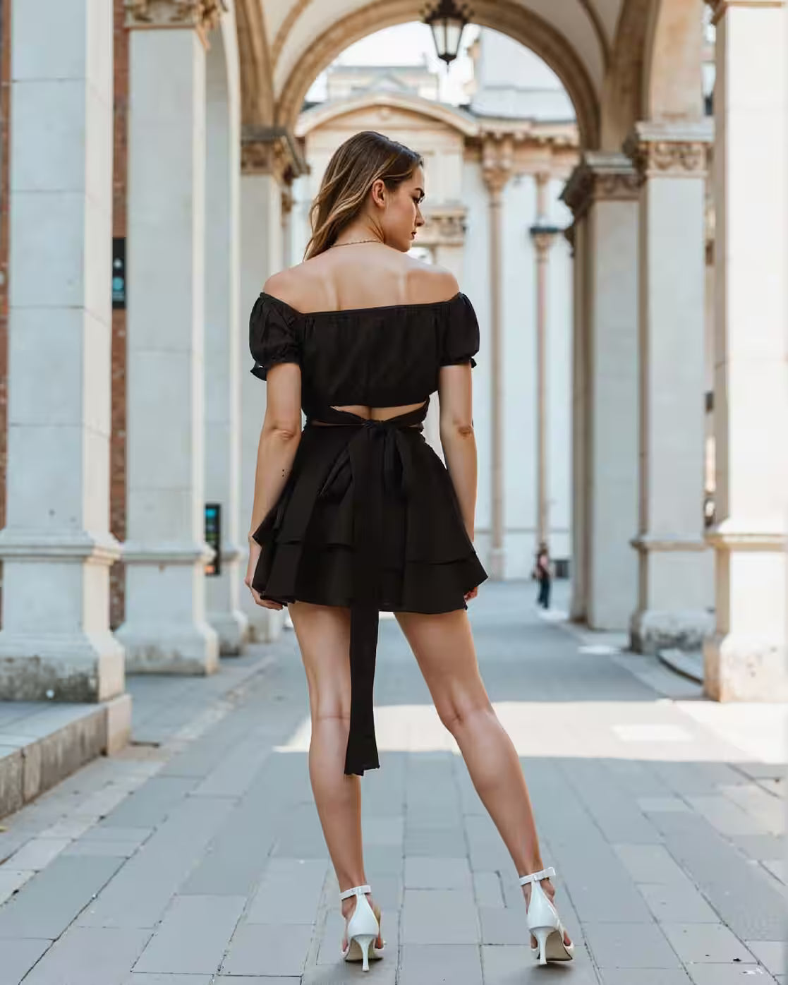 Party Off Shoulder Puff Sleeve Tie-Up Top with Layered Skirt