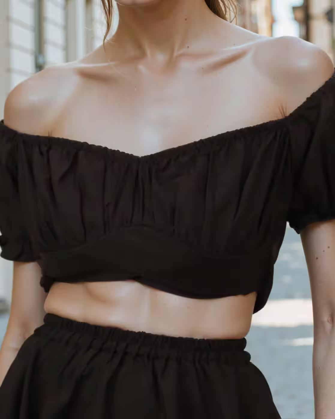 Party Off Shoulder Puff Sleeve Tie-Up Top with Layered Skirt