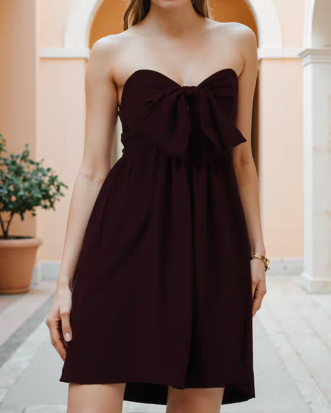 Dressbees Bold Strapless Bow Detail Front Cut-Out A-line Dress