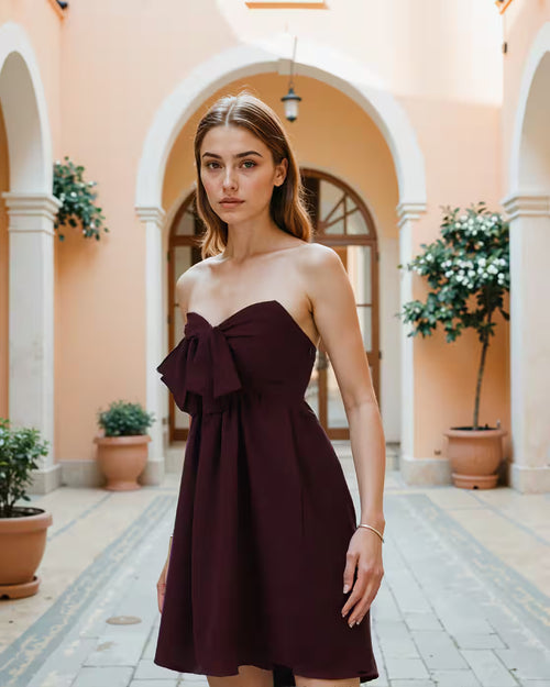 Dressbees Bold Strapless Bow Detail Front Cut-Out A-line Dress