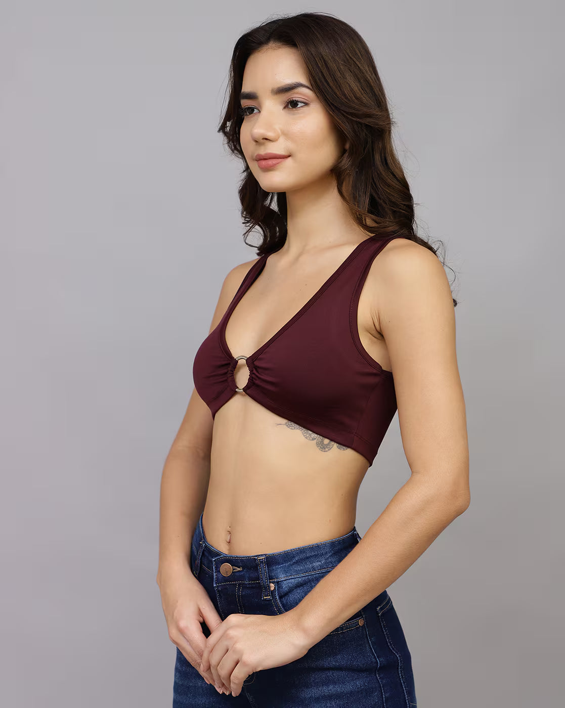 Bold Deep V-Neck Micro Fitted Crop Blouson With Ring Detail